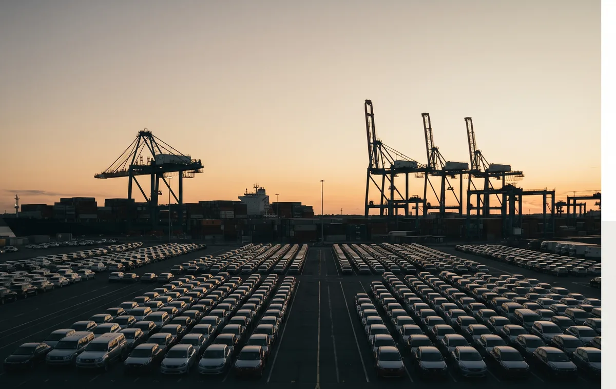Port terminal at dusk, vehicles lined up ready for loading