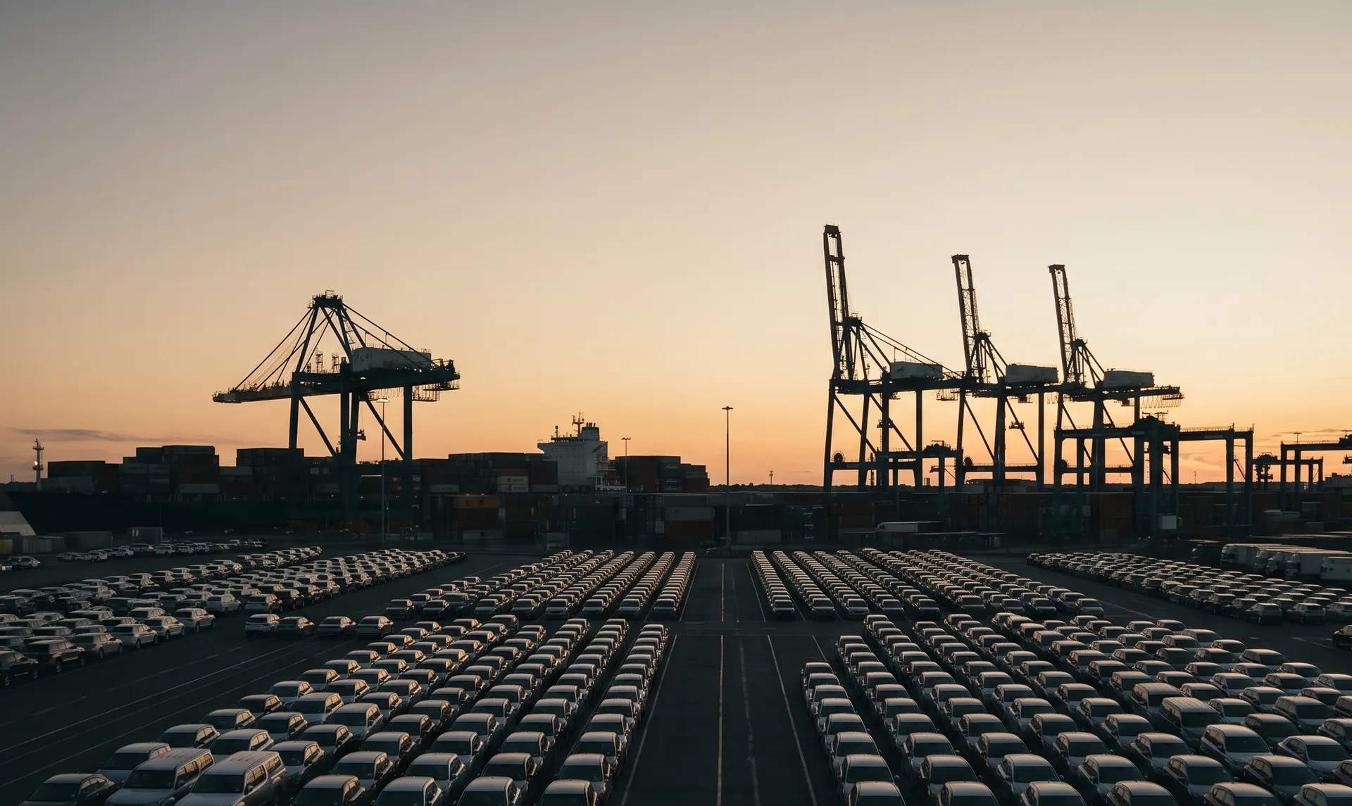 Export cars lined up at the port terminal at sunset