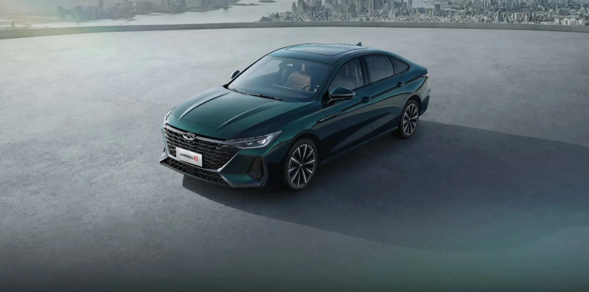 Chery Arrizo 8 sedan in dark green, official studio shot